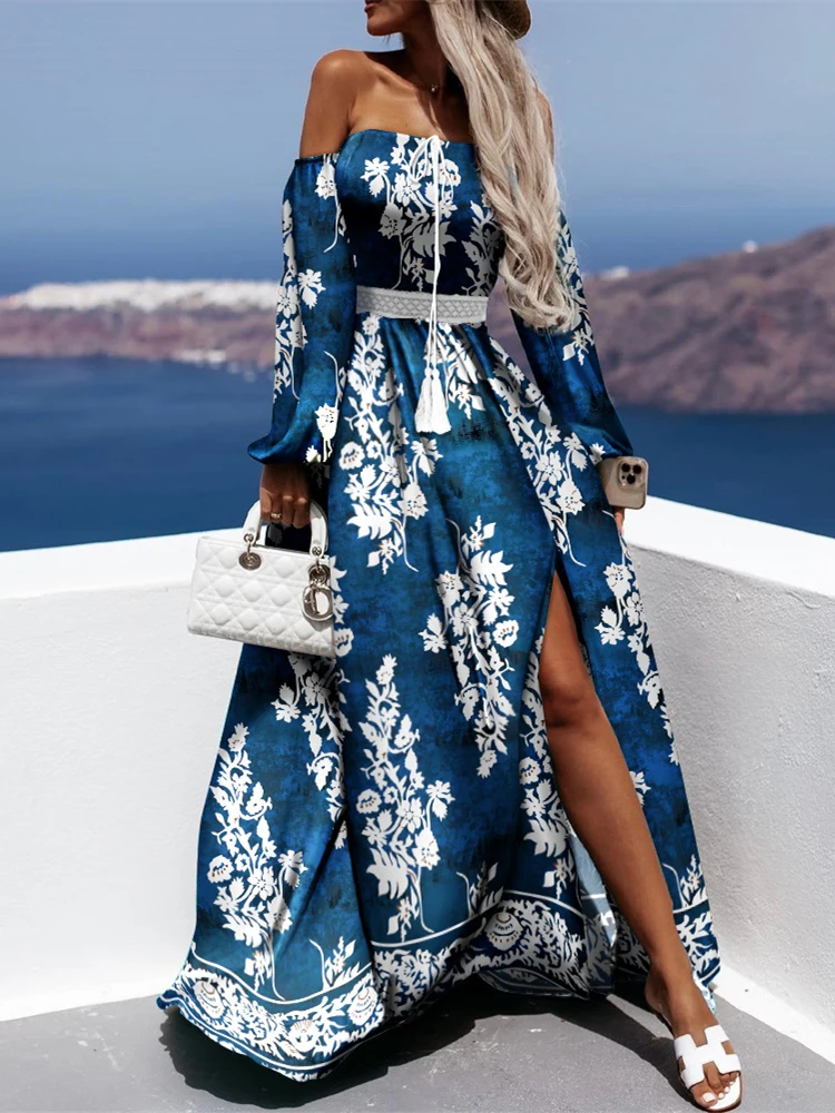 

Summer Boho Women Maxi Dress Beach Style Women Autumn Long Sleeve Elegant Deep V Neck Split Long Dress Retro Print Loose Vestido