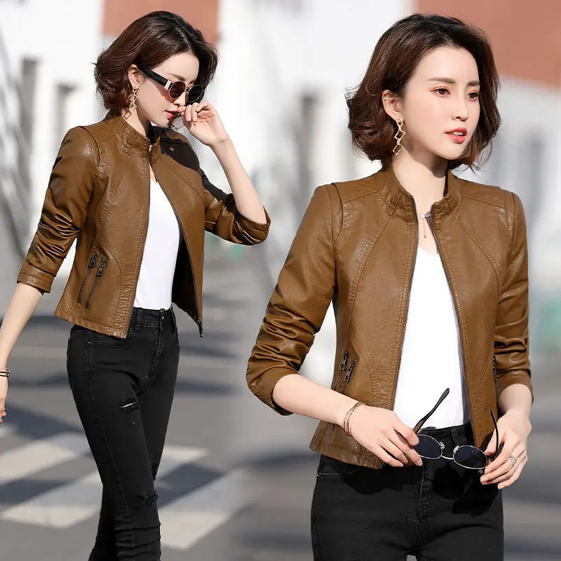 Fashion Women Leather Cool motorcycle Clothes casual Spring Autumn and Winter short leather Jacket Double Zipper design Jacket