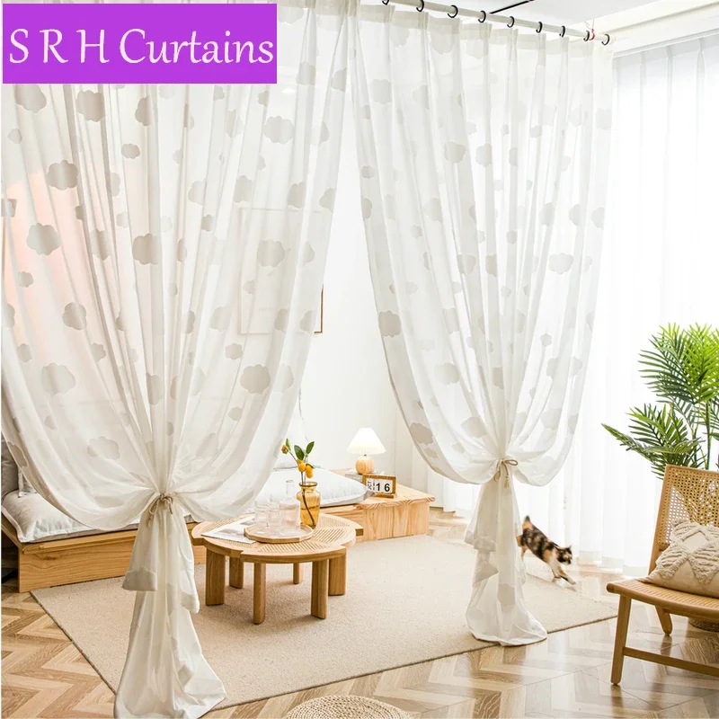 Прозрачные тюлевые шторы с вышивкой в скандинавском стиле белыми облаками для