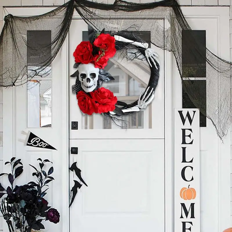 

Венок на дверь в виде черепа на Хэллоуин, роза, гирлянда для входной двери, жуткая домашняя искусственная декорация для камина, лестницы, камина, стен, дверей