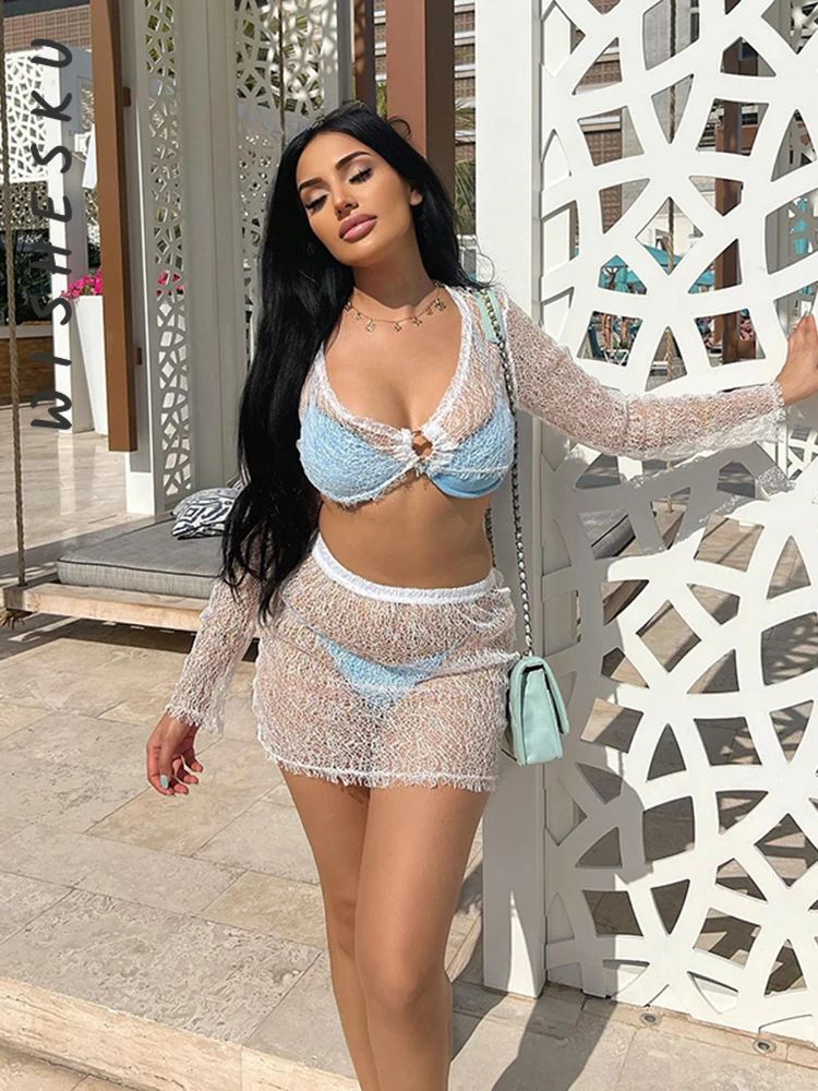 

Two Piece Set Women See Through Outfits Sexy V Neck Long Sleeve Crop Top+High Waist Mini Skirts 2022 Summer Beach Fairy Clothes