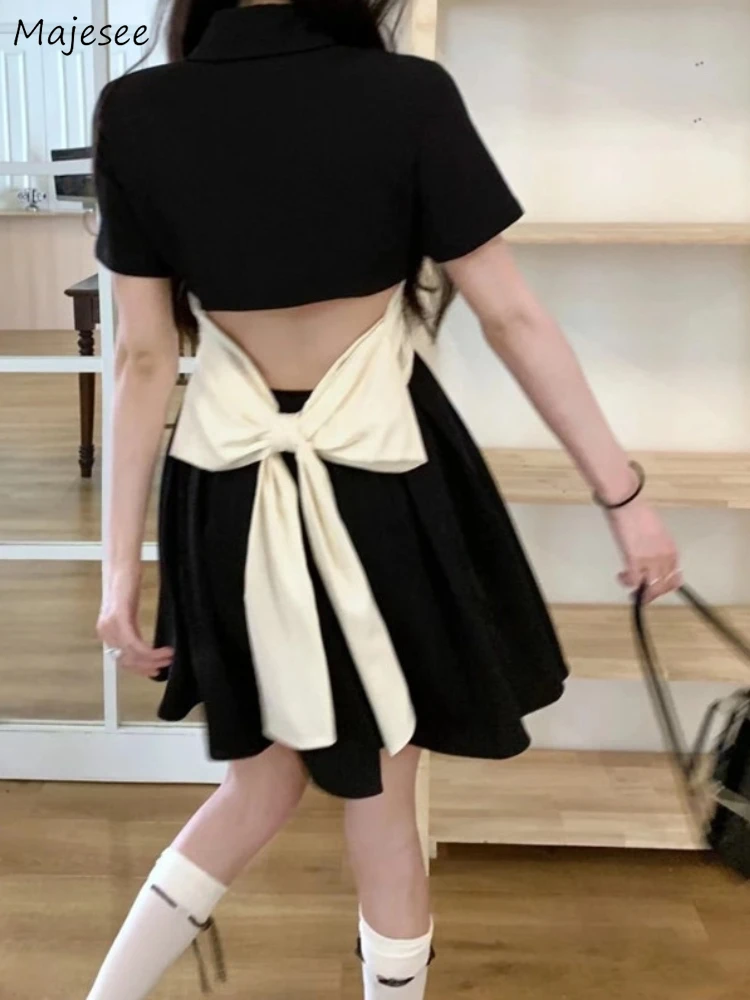 

Short Sleeve Dress Women Bow Temper Korean Preppy Style Casual Sexy Fashion Black Summer Minority Stylish New Design Simple Ins