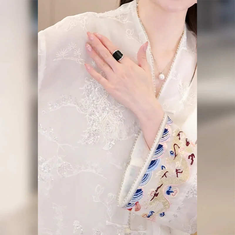 Новые китайские рубашки из белой органзы новинка 2024 женский летний маленький
