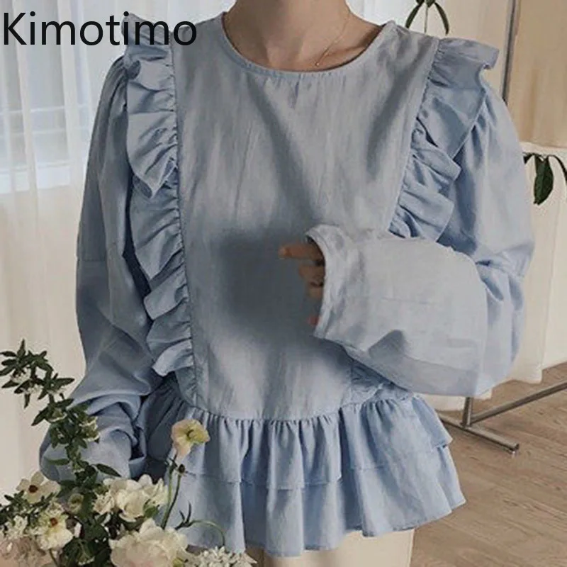 

Kimotimo Women Tops Korean Chic Gentle O Neck Loose Double Layer Ruffles Stitching Shirt 2022 Spring Long Sleeve Design Blouse