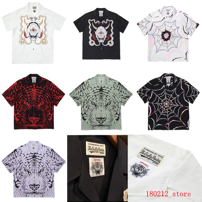 

Wolf Head Woven Label Ghost Graffiti Pattern WACKO MARIA Short Shirt Men Women Hawaiian Beach Short Shirt Top