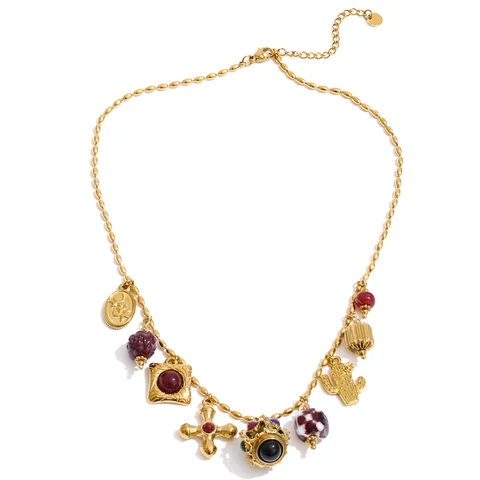 Yhpup 2025 изысканный керамический акриловый крест квадратный кактус подвеска ожерелье из нержавеющей стали модные винтажные золотые украшения