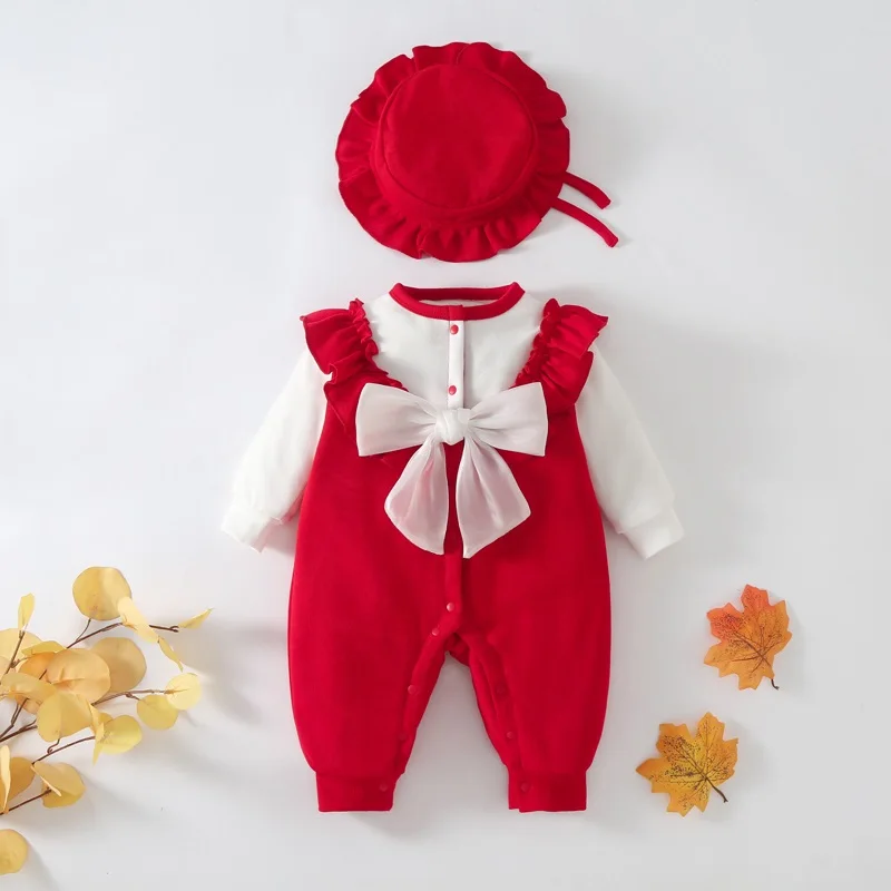 Autumn Winter 18℃ Double-Layer Girl Baby Jumpsuit Free Hat Clothes Bodysuit Crawling Clothes Long Shorts Crawling Princess Dress
