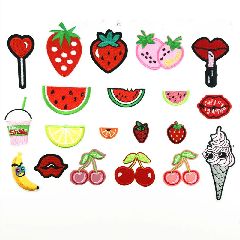 Cartoon Fruit Embroidery Iron on Patches Strawberry Cherry Banana Watermelon Orange Appliques Red Lips Icecream for Girl Clothes