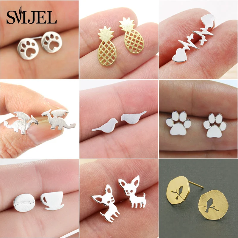 SMJEL Trendy Dog Paw Earrings for Women Small Fashion Earings Jewelry Metal Cat Bird Earring Leaf Round Ear Piercing Girl