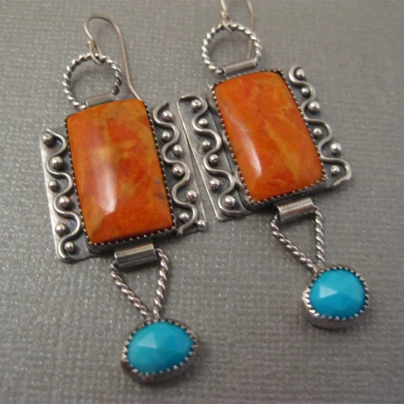 

New Vintage Square Orange Stone Drop Hook Earrings Tibetan Silver Color Handmade Carved Dangle Earrings For Women Jewelry