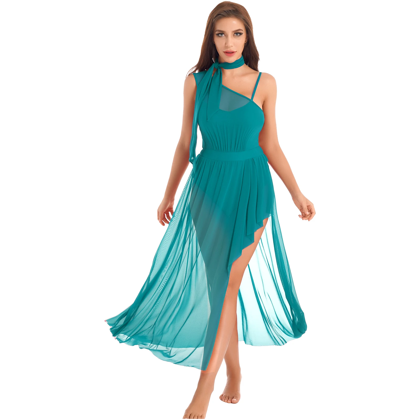 

Womens Asymmetrical Sleeve Ballet Dresses Ballerina Dancewear Dress Split Mesh Lyrical Ballroom Dance Dress Stage Show Costumes