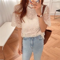 women blouse sexy transparent short sleeve stand neck vintage elegant simple french solid apricot lace shirt blusas mujer 2022