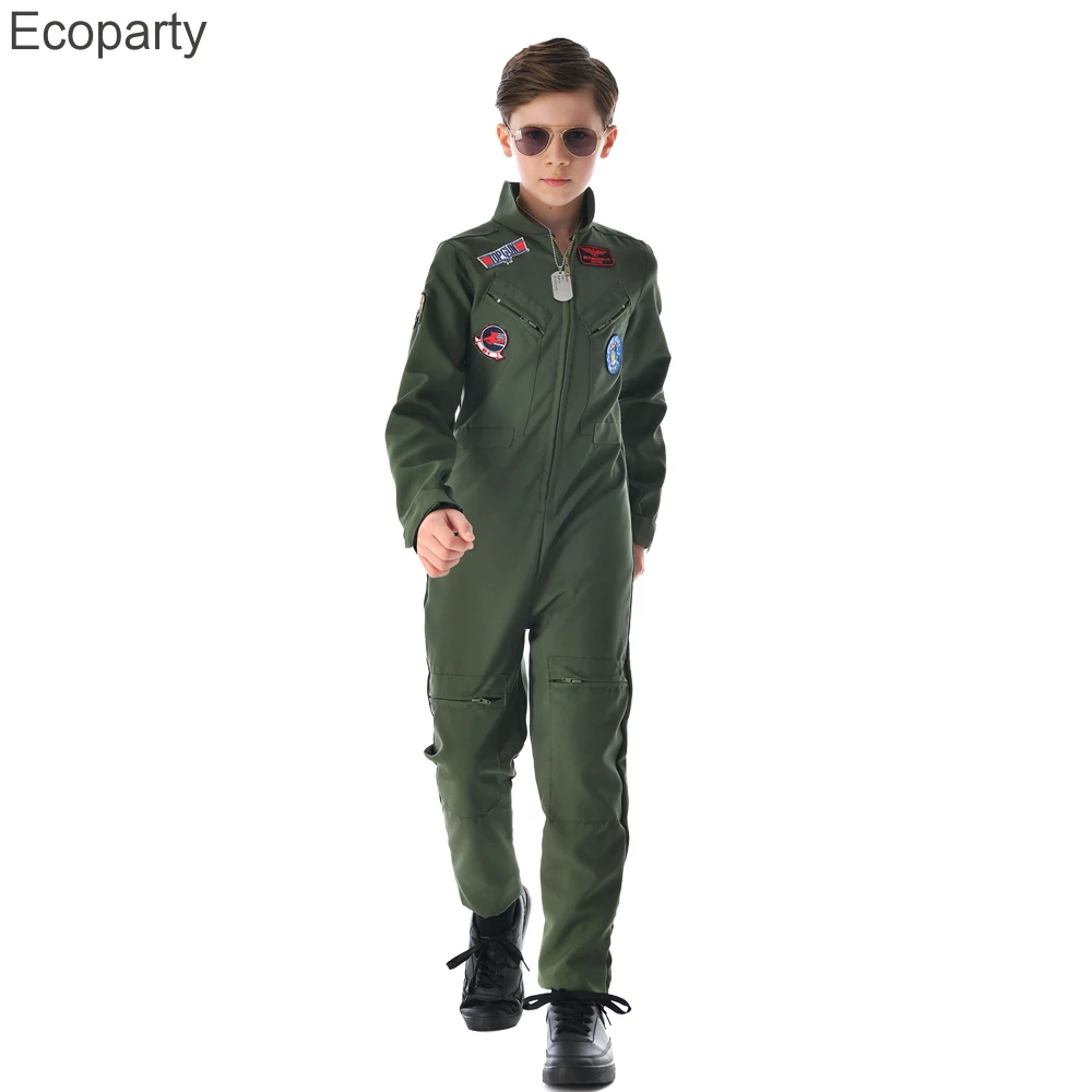 Kids Retro Movie Top Gun Cosplay Military Pilot Costume For Kids American Airforce Uniform Boys Flight Suits Army Jumpsuit 25