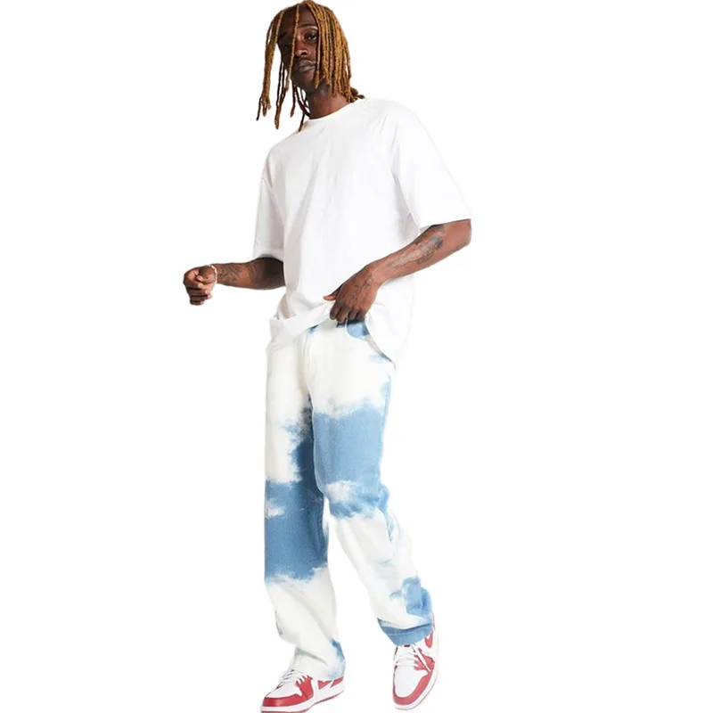 European And American Men's Loose Jeans Blue And White Moire Fashion Breathable Straight Pants Hip Hop Casual Sportswear Trouser