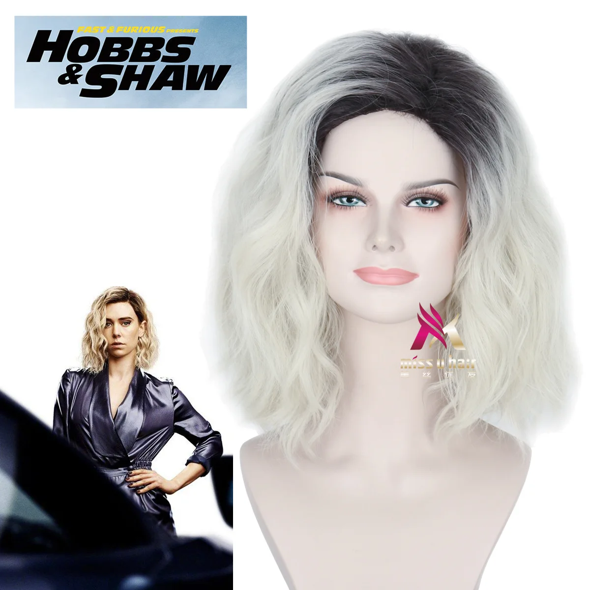 

Hattie Shaw Wig The Fate of the Furious Cosplay Wig Gradual Long White And Black Synthetic Hair Role Play