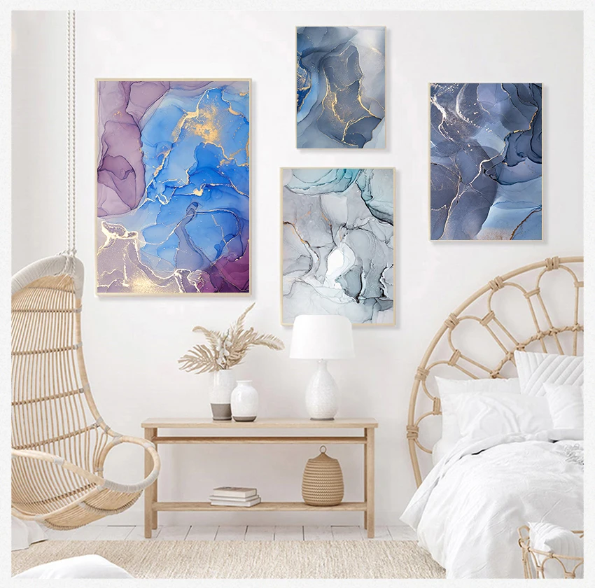 

Стильная холщовая чернильная живопись, нордическая декоративная картина, домашний декор, Мраморная текстура, абстрактная Золотая синяя настенная Художественная печать, Современная