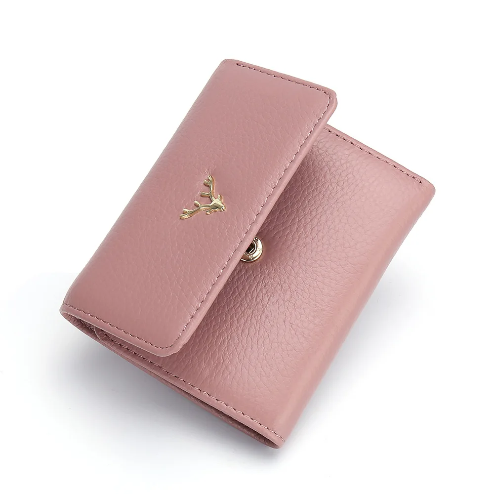 2022 new fashion short leather wallet women's three fold head layer cowhide simple small folding thin multi card position |
