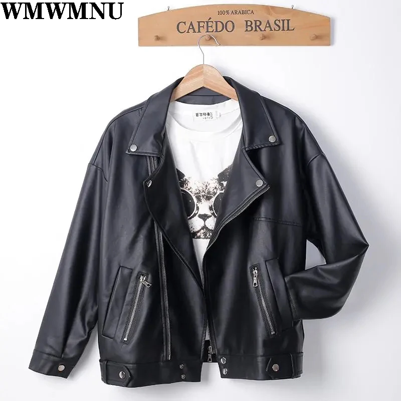 2022 Women Classic Moto Biker Jacket Autumn Winter Lady Basic Coat New Korean Black Loose cortex Jacket Streetwear Coats