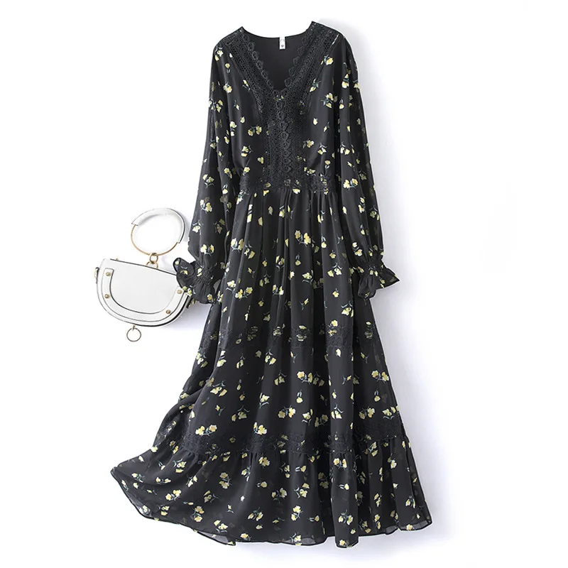 

Новая мода, большие размеры, L-5XL, женская одежда, осеннее платье для женщин, высокое качество, элегантные вечерние, Длинные свободные платья черного цвета