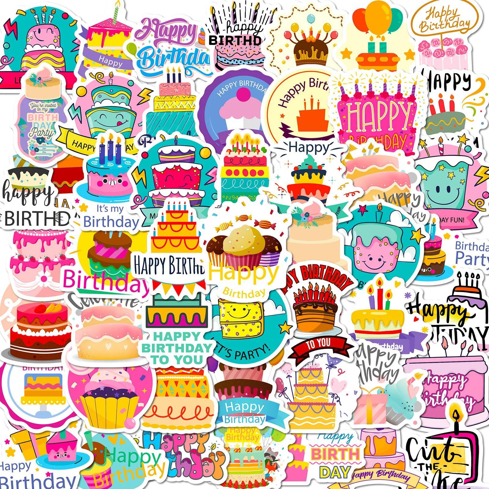 

10/30/50PCS Cute Birthday Cake Label Sticker Cartoon Birthday Blessings DIY Graffiti Sticker for Kids