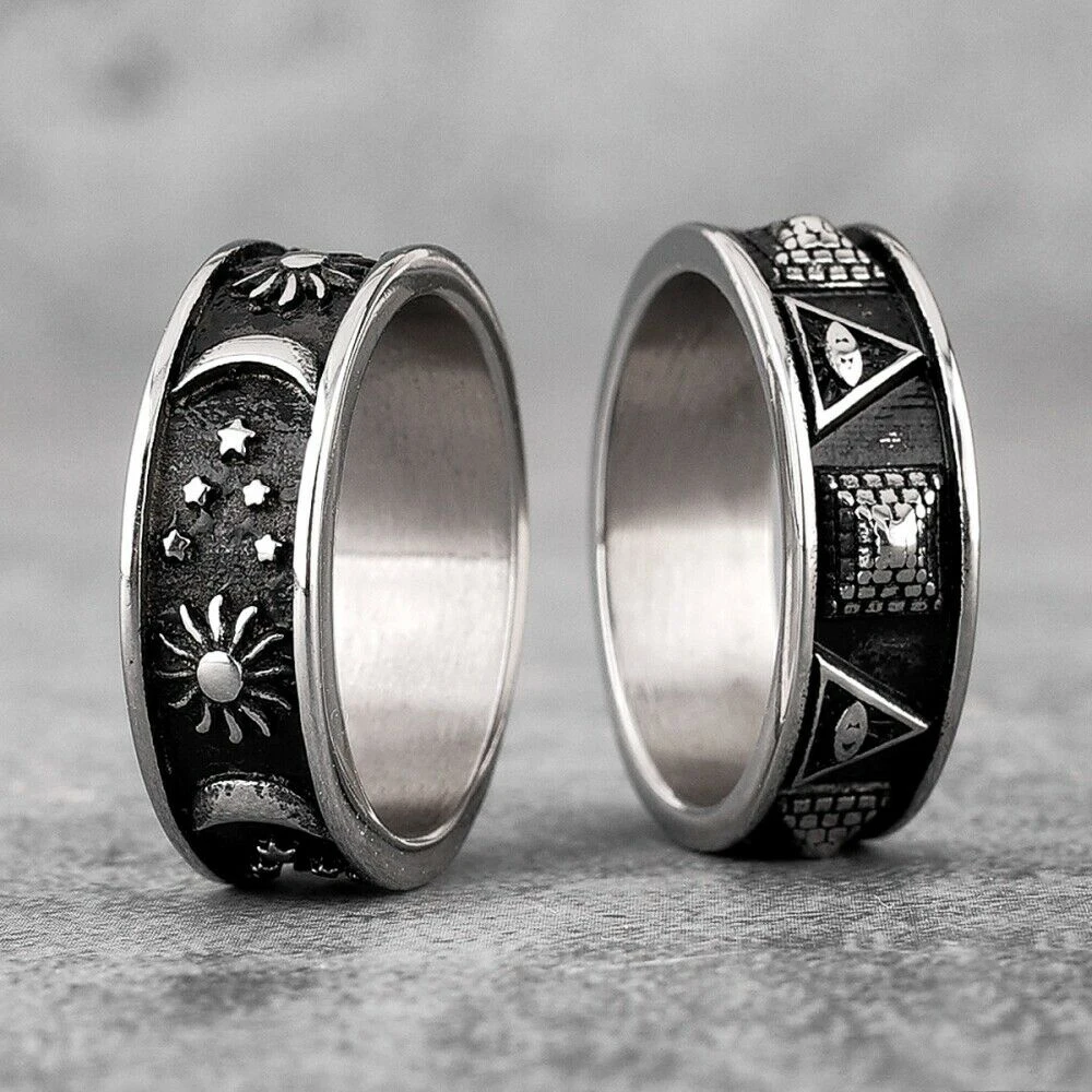 

Fashion Rings Jewelry Gift Pyramid Moon Sun Star Punk Ring in Stainless Steel – US-Size 7-12