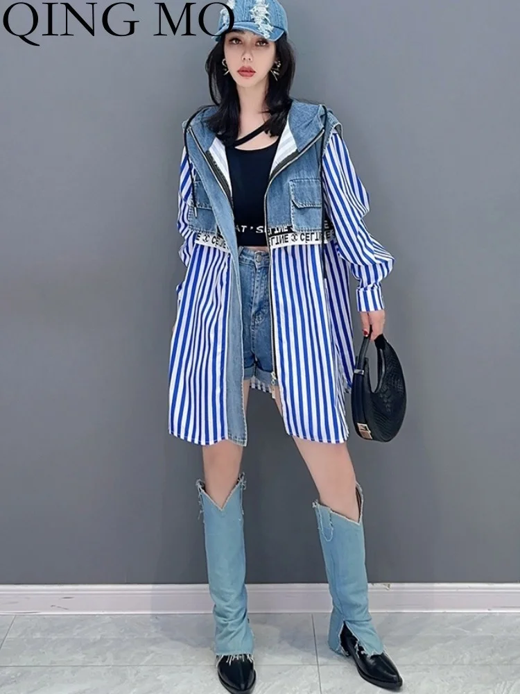 

QING MO 2023 Spring Summer New Fashion Hooded Denim Fake Two Piece Shirt Jacket Women Blue Patchwork ZXF2226