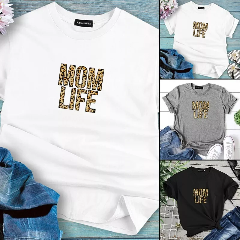 

Mom Life Leopard Print Women Summer T-shirts Graphic Harajuku Tees Female Short Sleeve Round Neck Aesthetic Vintage Tshirts Tops