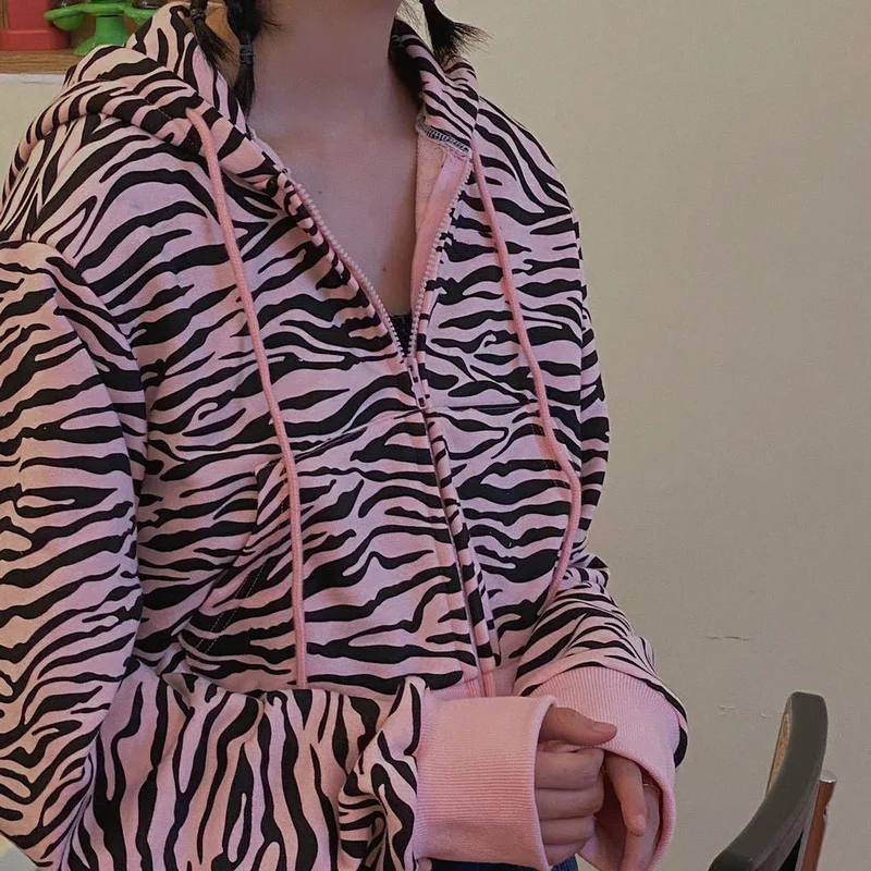 

Women Crop Top Lady Clothing 2023 Oversized Casual Hoodie Korean Style Vintage Zebra Print Sweatshirt Puff Sleeve Zip Up Hoodie