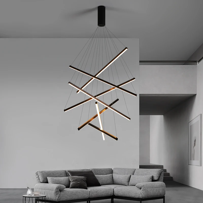 

Black Staircase Chandelier Duplex Building Living Room Hall Kitchen Island Hanging Light Dining Room Long Strip LED Line Light