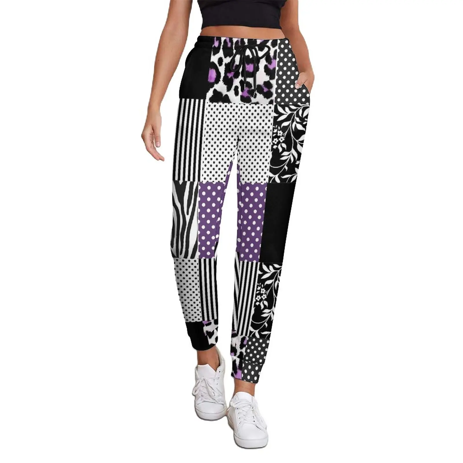 

Брюки женские весенние с принтом, повседневные спортивные штаны в стиле пэчворк, с графическим принтом, фиолетовые и черные, большие размеры 3XL