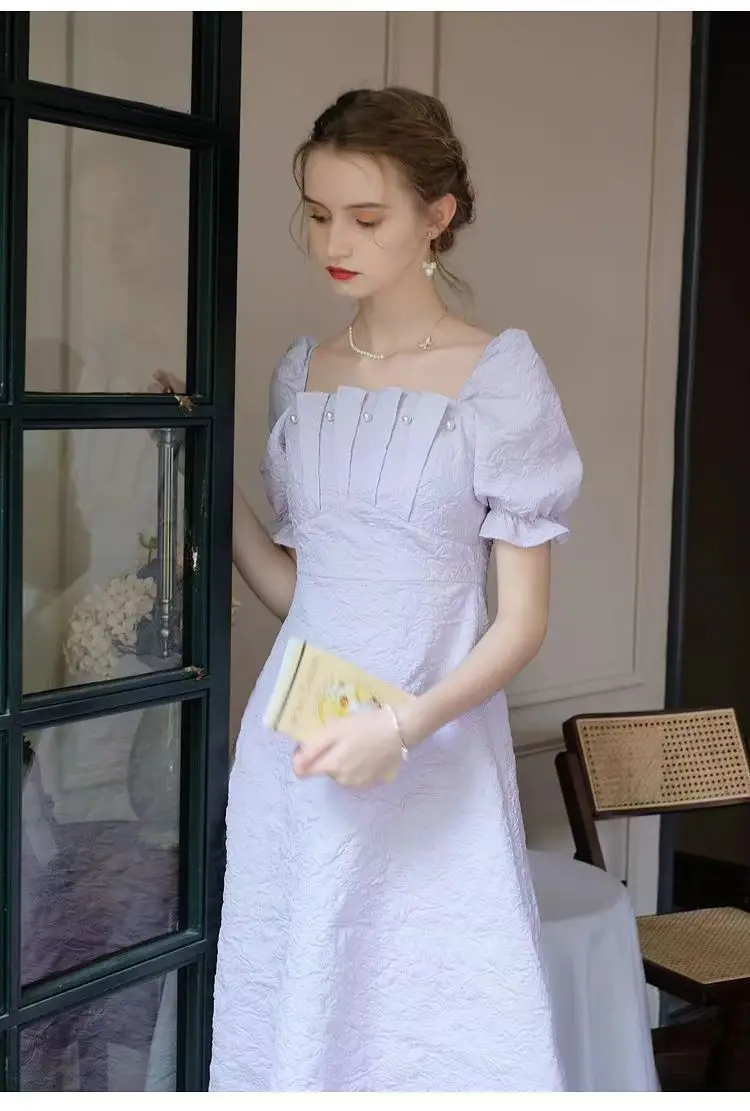 

Vintage Korean Chic Women Dress Purple Midi Long Dress Elegant Short Sleeve Square Neck Casual Japanese Dresses Women Y2K Summer