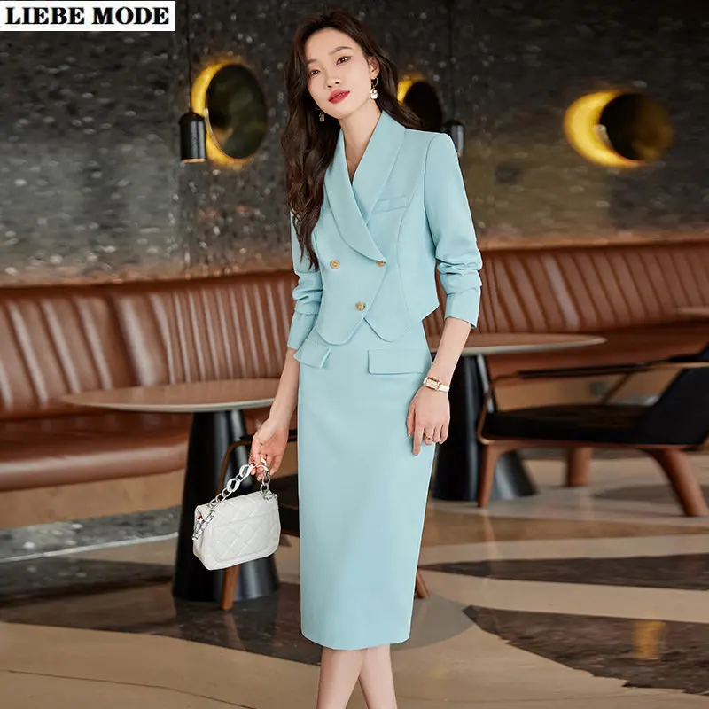 High Quality Korean Knee Length Pencil Skirt Blazer Sets Female Formal Business Womens Office Work Skirt Suit Two-piece Outfits