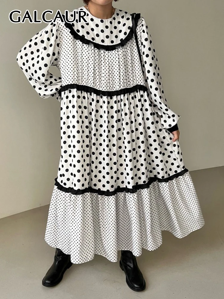 

GALCAUR Vintage Patchwork Dress For Women Round Neck Short Sleeve High Waist Loose Midi Dresses Female Korean Clothes Style 2022