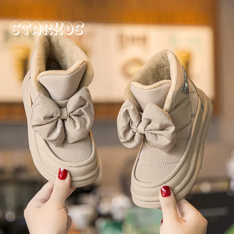 

Waterproof Snow Boots Girls Winter Brand Shoes Kids Warm Plush Platform Ankle Bootins Baby High Top Sneakers with Bow