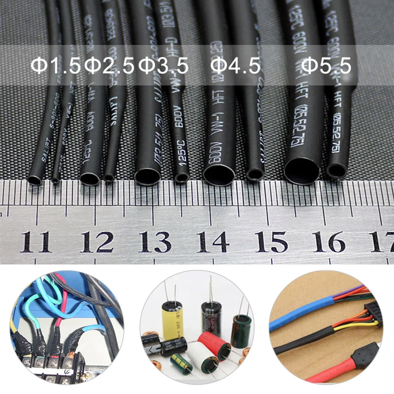 

1 мм, 1,5 мм, 2 мм, 2,5 мм, 3 мм, 3,5 мм, 4 мм, 4,5 мм, 5 мм, 5,5 мм, термоусадочная трубка, соотношение усадки 2:1, полиолефиновая изоляционная кабельная муфта 5 м