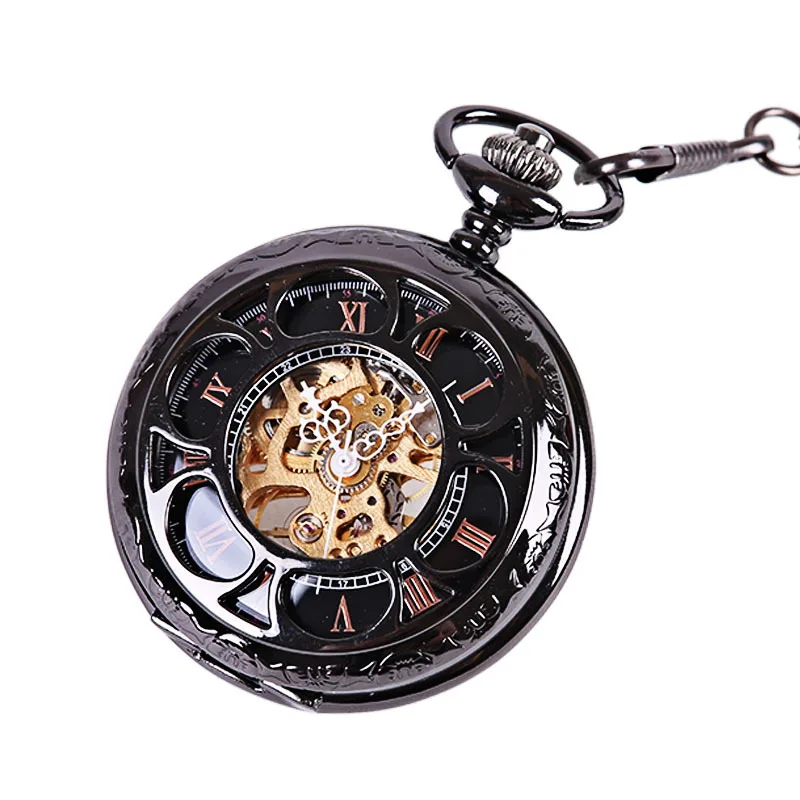 Luxury Black Mechanical Pocket Watch for Men Women Hollow Skeleton Case Roman Numeral Dial Fob Chain Pendant Clock Collection