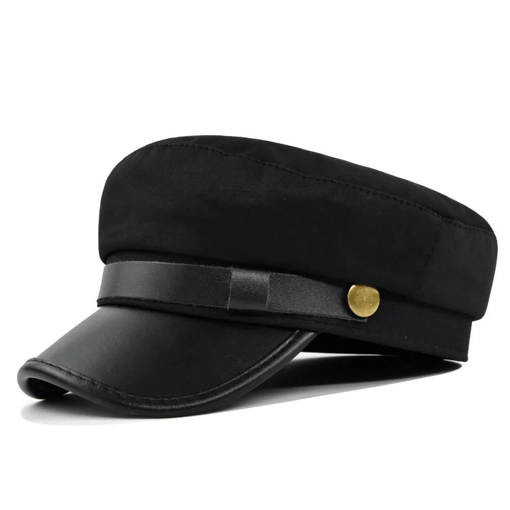 

2023 New Navy Hat Autumn/Winter Beret Metal Buckle Octagonal Navy Hat Woolen Flat Top Cap