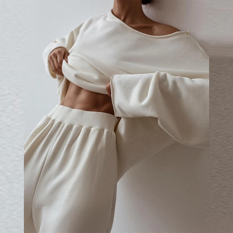 

Casual Solid Women Two Piece Set Elegant Long Sleeve O Neck Top + Mid Waisted Long Pant Suit Outfit 2022 Ladies Loose Tracksuit