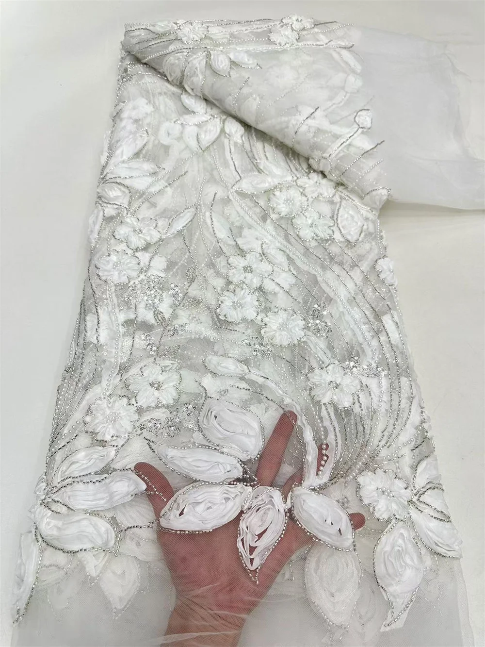 Роскошная кружевная ткань высокого качества с бисером 2024 темно-синяя блестками 5