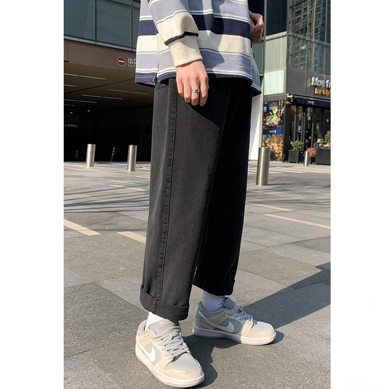 Autumn New Baggy Boyfriend Jeans Men's Blue Black Fashion Korean Straight Pants Casual Solid Students Wide-leg Denim Trousers