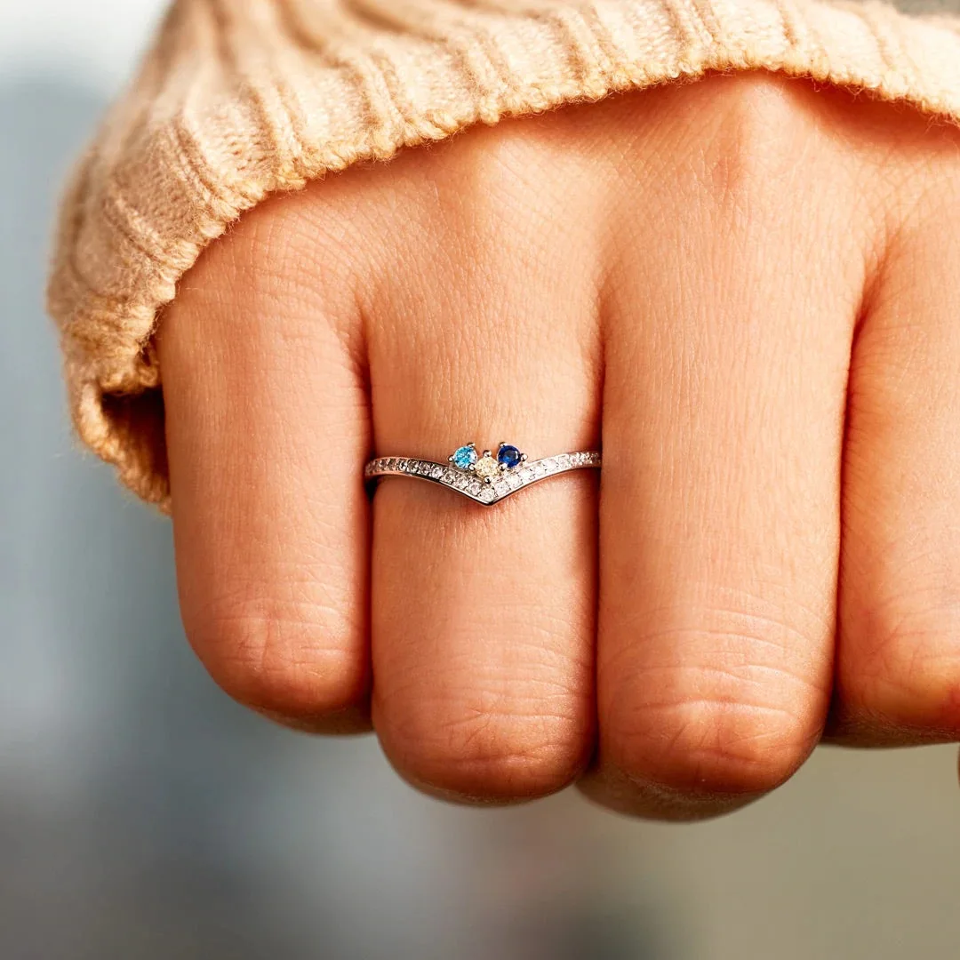 MOTHER'S RING WITH KID'S BIRTHSTONES- Personalized 1-5 Birthstones Chevron Pave Ring - Custom Mother's Day Gift Jewelry & Access