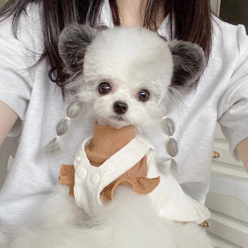 

Pet Spring and Autumn Bear Embroidery Cotton Flying Sleeve Corduroy Strap Dress Cat and Dog Clothing Teddy Korean Edition
