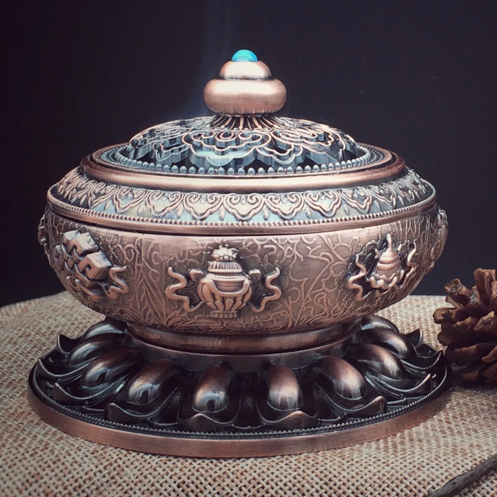 

Tibetan Style Bronze Alloy Incense Burner Painted Enamel with Eight Auspicious Symbols Metal Craft Home Decor High Quality