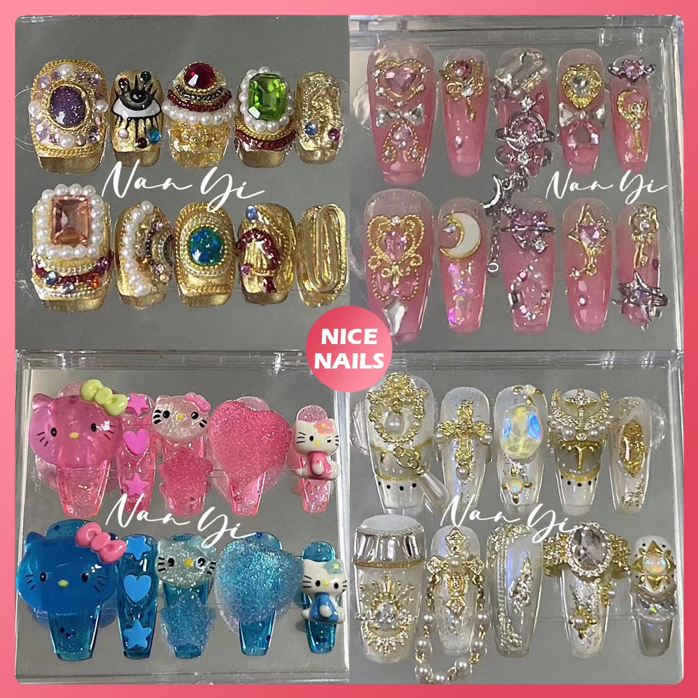 

Nice Nails Y2K Hot Girl Golden Retro Cartoon False Nail Hello Kitty Mymelody Kuromi Cinnamoroll Long Coffin Hand-Painted Nail