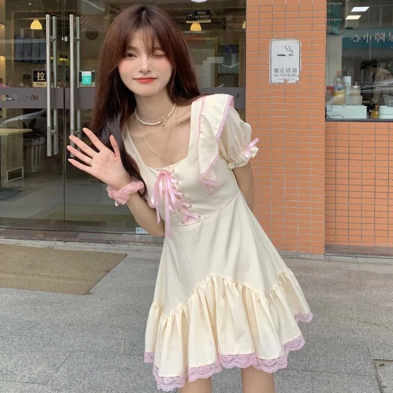 

Japan Fashion Summer Hot Yellow Bow Lace Solid Mimi Slim Soft Wearing Comfort Puff Sleeve Lace-up Fairy Sweet Short Woman Dress