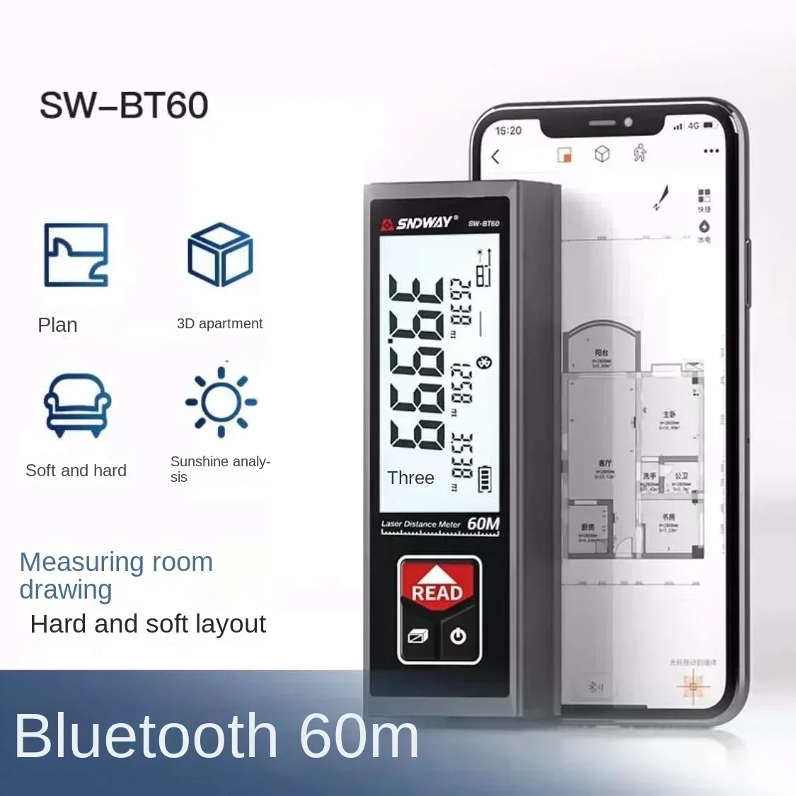 

Мини-электронная линейка SNDWAY SW-BT60, высокоточный лазерный дальномер Bluetooth, инфракрасная измерительная линейка, приложение BT