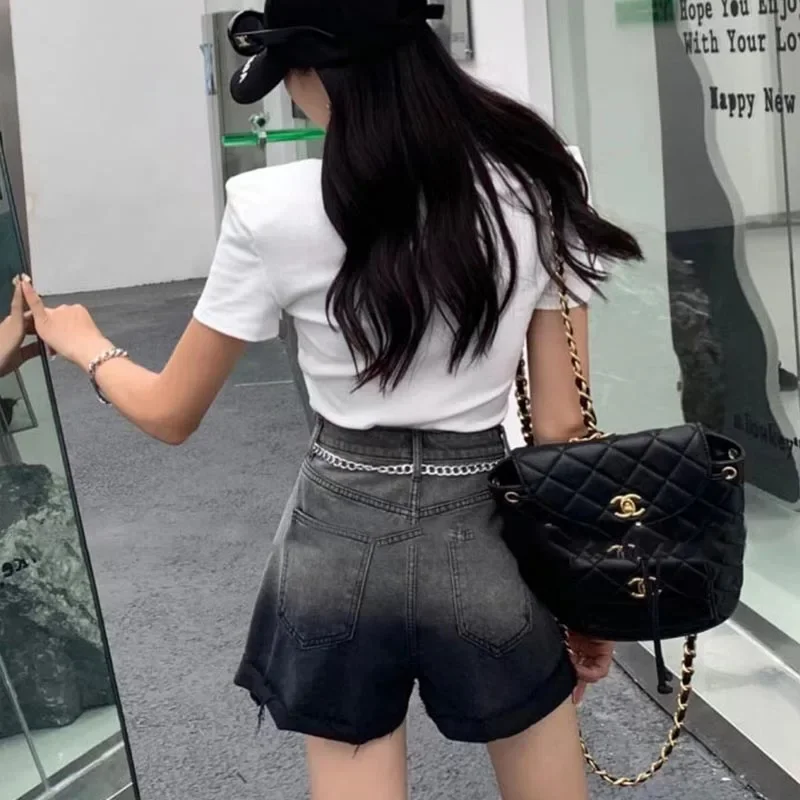 Шорты градиентного цвета женские джинсовые манжеты элегантные с высокой талией