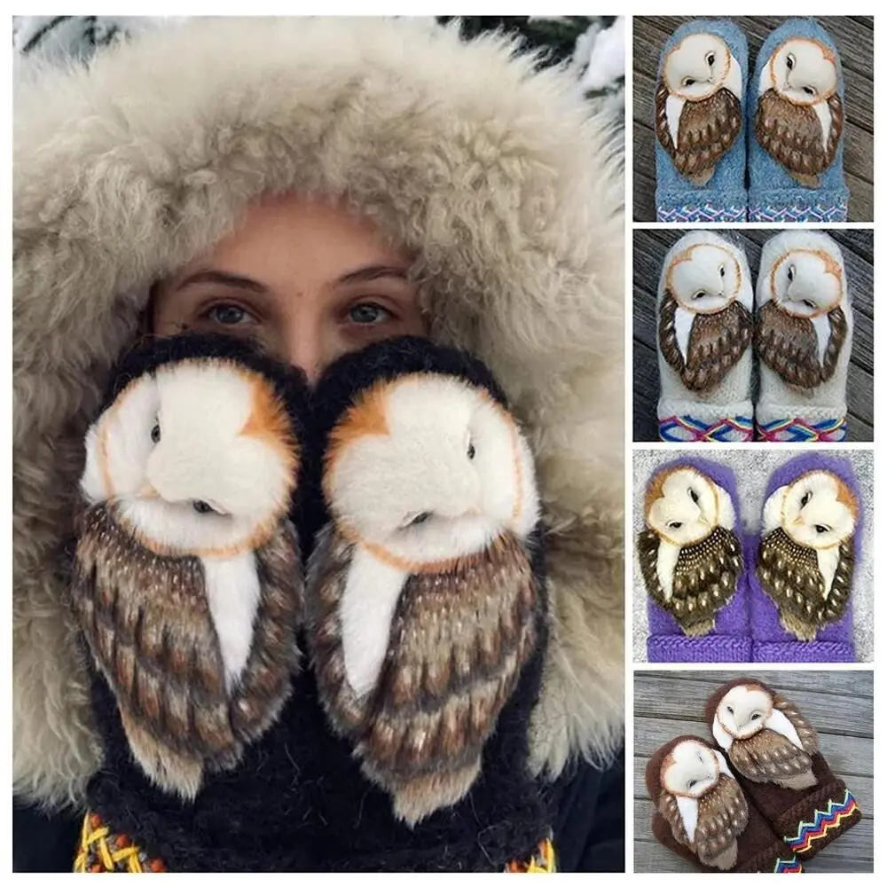 Hot Cute Warm Nordic Women Gloves Woven Wool Winter Knitted Gloves Mittens with Owls