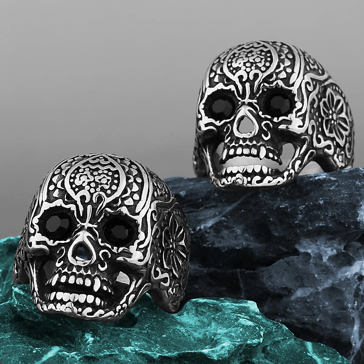 

316L Stainless Steel Flower Skull Ring Men's Neo-Gothic Fashion Rock Retro Biker Charm Ring Jewelry Wholesale Free Shipping