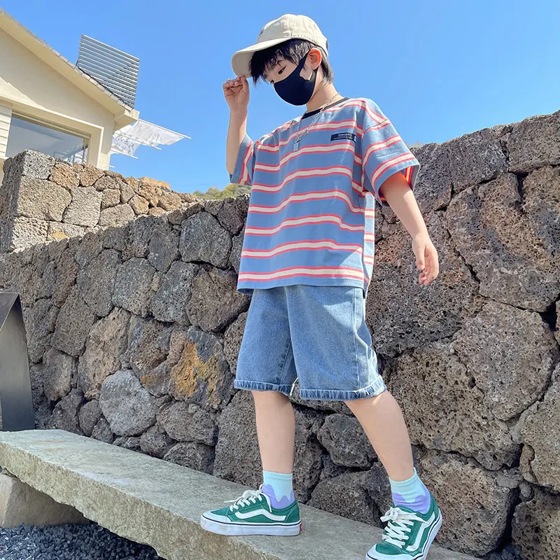 Teen Boys Suit 2022 New Summer Striped Print Short-Sleeved T-shirt+Denim Shorts 2pcs 5-14Y Children's Clothing Set High Quality